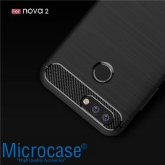 Huawei Nova 2 Brushed Carbon Fiber Silikon TPU Kılıf+Tempered Cam