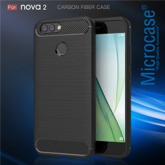 Huawei Nova 2 Brushed Carbon Fiber Silikon TPU Kılıf+Tempered Cam