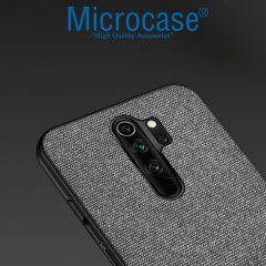 Microcase Xiaomi Redmi Note 8 Pro Fabrik Serisi Kumaş ve Deri Desen Kılıf - Gri