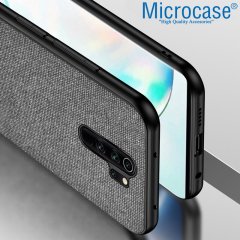 Microcase Xiaomi Redmi Note 8 Pro Fabrik Serisi Kumaş ve Deri Desen Kılıf - Gri