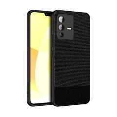 Microcase Vivo V23 5G Fabrik Kumaş ve Deri Desen Kılıf - Siyah