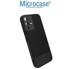 Microcase Vivo V23 5G Fabrik Kumaş ve Deri Desen Kılıf - Siyah