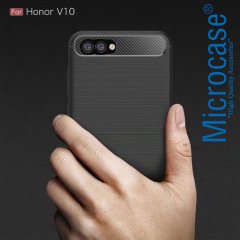 Huawei Honor View 10 Brushed Carbon Fiber Silikon TPU Kılıf + Cam