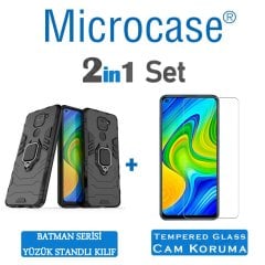 Microcase Xiaomi Redmi Note 9 Batman Serisi Yüzük Standlı Armor Kılıf - Siyah + Tempered Glass Cam Koruma