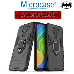 Microcase Xiaomi Redmi Note 9 Batman Serisi Yüzük Standlı Armor Kılıf - Siyah + Tempered Glass Cam Koruma