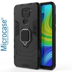 Microcase Xiaomi Redmi Note 9 Batman Serisi Yüzük Standlı Armor Kılıf - Siyah + Tempered Glass Cam Koruma