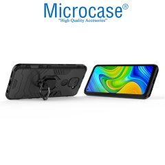Microcase Xiaomi Redmi Note 9 Batman Serisi Yüzük Standlı Armor Kılıf - Siyah + Tempered Glass Cam Koruma