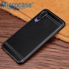 Huawei P20 Pro Leather Serisi Deri KaplamaSilikon Kılıf-Siyah+Cam