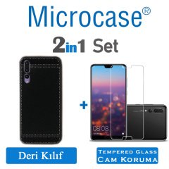Huawei P20 Pro Leather Serisi Deri KaplamaSilikon Kılıf-Siyah+Cam