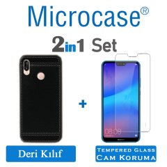 Huawei P20 Lite Leather Serisi Deri KaplamaSilikonKılıf-Siyah+Cam