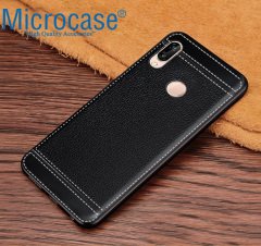 Huawei P20 Lite Leather Serisi Deri KaplamaSilikonKılıf-Siyah+Cam