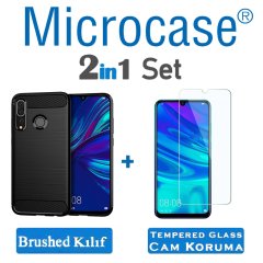 Microcase Huawei P Smart Plus 2019 Brushed Carbon Fiber Silikon Kılıf Siyah + Tempered Glass Cam Koruma