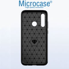Microcase Huawei P Smart Plus 2019 Brushed Carbon Fiber Silikon Kılıf Siyah + Tempered Glass Cam Koruma
