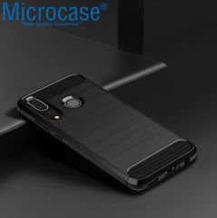 Microcase Huawei P Smart Plus 2019 Brushed Carbon Fiber Silikon Kılıf Siyah + Tempered Glass Cam Koruma
