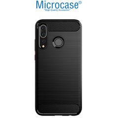 Microcase Huawei P Smart Plus 2019 Brushed Carbon Fiber Silikon Kılıf Siyah + Tempered Glass Cam Koruma