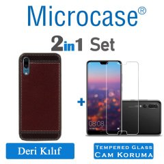 Huawei P20 Leather TPU Serisi DeriKaplama Silikon Kılıf-Kahve+Cam