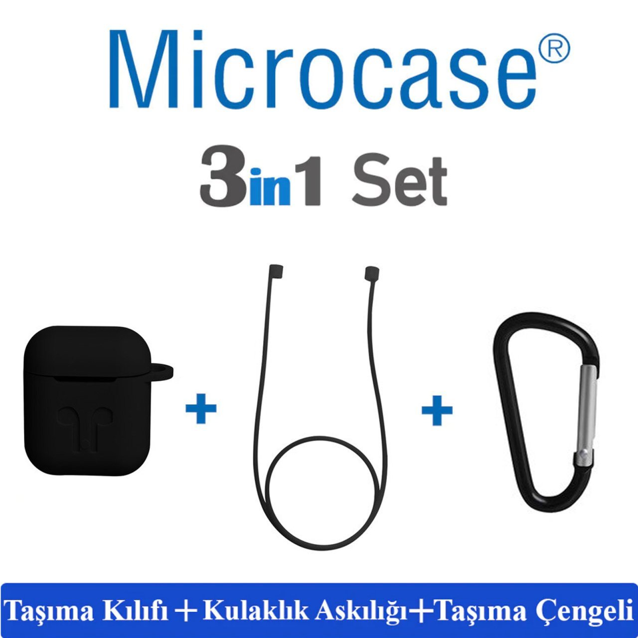 Microcase Airpods Kulaklık ve Şarj Ünitesi için Silikon Kılıf + Kulaklık Askılık + Çengel - Siyah