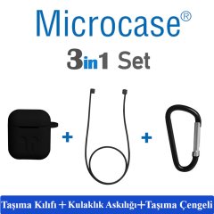 Microcase Airpods Kulaklık ve Şarj Ünitesi için Silikon Kılıf + Kulaklık Askılık + Çengel - Siyah
