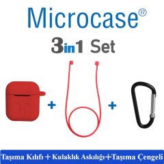 Microcase Airpods Kulaklık ve Şarj Ünitesi için Silikon Kılıf + Kulaklık Askılık + Çengel - Kırmızı