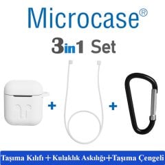 Microcase Airpods Kulaklık ve Şarj Ünitesi için Silikon Kılıf + Kulaklık Askılık + Çengel - Beyaz