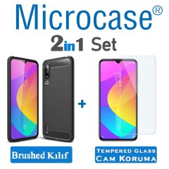 Microcase Xiaomi Mi A3 Brushed Carbon Fiber Silikon Kılıf - Siyah + Tempered Glass Cam Koruma