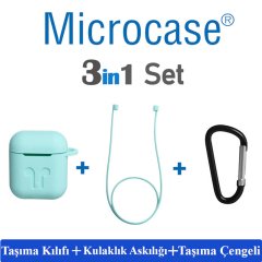 Microcase Airpods Kulaklık ve Şarj Ünitesi için Silikon Kılıf + Kulaklık Askılık + Çengel - Turkuaz