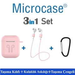 Microcase Airpods Kulaklık ve Şarj Ünitesi için Silikon Kılıf + Kulaklık Askılık + Çengel - Pembe