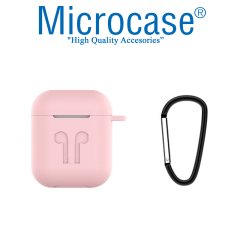 Microcase Airpods Kulaklık ve Şarj Ünitesi için Silikon Kılıf + Kulaklık Askılık + Çengel - Pembe