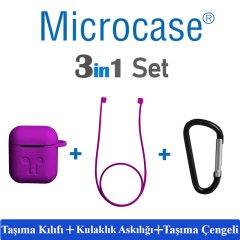 Microcase Airpods Kulaklık ve Şarj Ünitesi için Silikon Kılıf + Kulaklık Askılık + Çengel - Mor