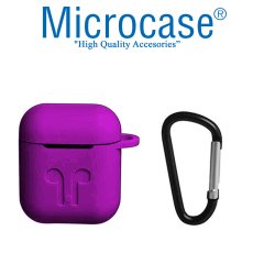 Microcase Airpods Kulaklık ve Şarj Ünitesi için Silikon Kılıf + Kulaklık Askılık + Çengel - Mor