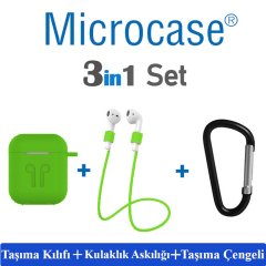Microcase Airpods Kulaklık ve Şarj Ünitesi için Silikon Kılıf + Kulaklık Askılık + Çengel - Yeşil