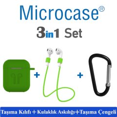 Microcase Airpods Kulaklık ve Şarj Ünitesi için Silikon Kılıf + Kulaklık Askılık + Çengel - Koyu Yeşil