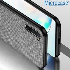 Microcase Samsung Galaxy Note 10 Fabrik Serisi Kumaş ve Deri Desen Kılıf - Gri