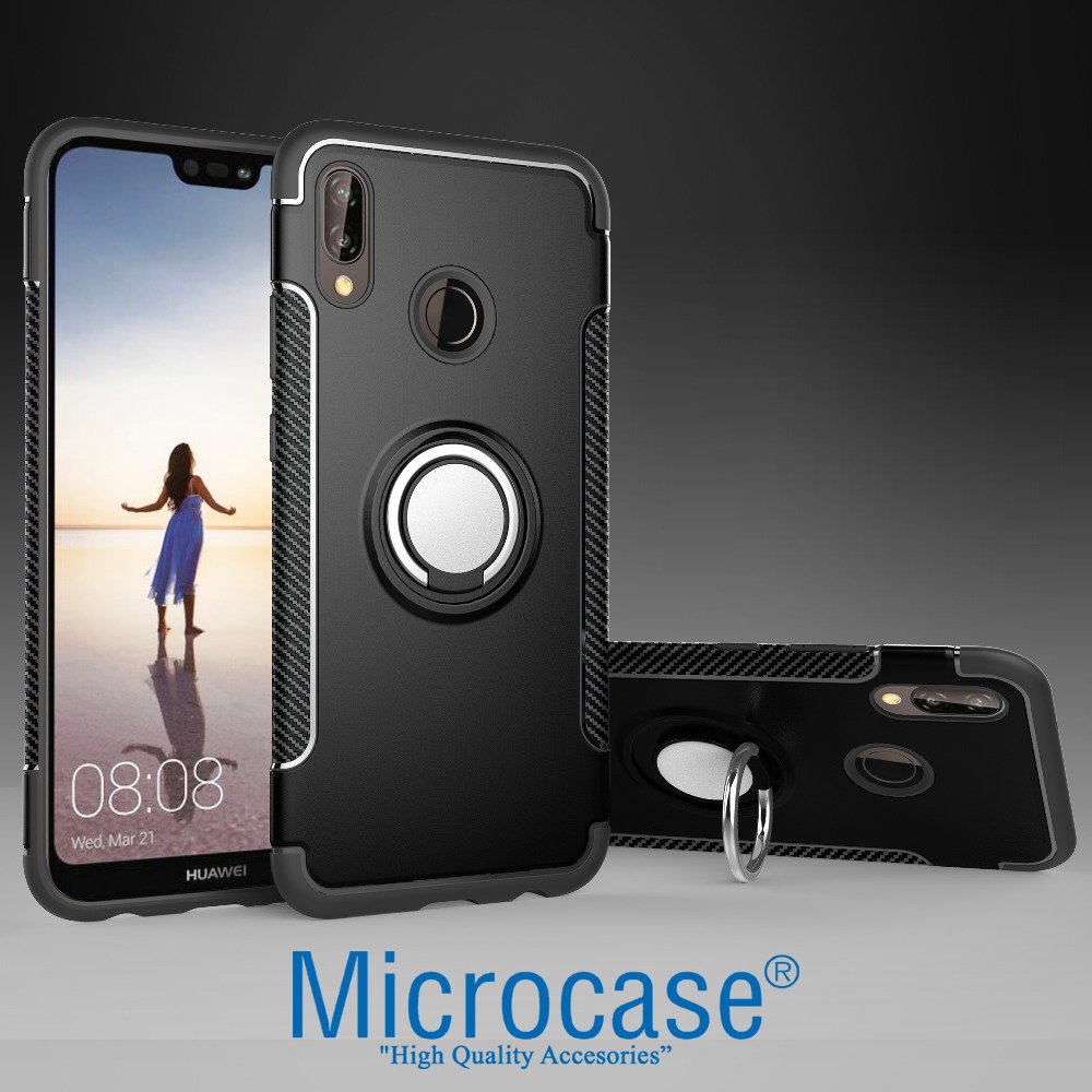 Huawei P20 Lite Yüzük standlı Armor Silikon Kılıf + Ekran Koruma