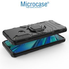Microcase Realme 5 - 5i - 6i Batman Serisi Yüzük Standlı Armor Kılıf - Siyah + Tempered Glass Cam Koruma