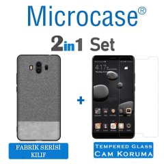 Microcase Huawei Mate 10 Fabrik Serisi Kumaş ve Deri Desen Kılıf - Gri + Tempered Glass Cam Koruma