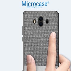 Microcase Huawei Mate 10 Fabrik Serisi Kumaş ve Deri Desen Kılıf - Gri + Tempered Glass Cam Koruma