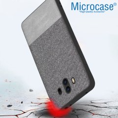 Microcase Huawei Mate 10 Fabrik Serisi Kumaş ve Deri Desen Kılıf - Gri + Tempered Glass Cam Koruma