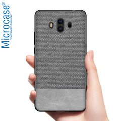Microcase Huawei Mate 10 Fabrik Serisi Kumaş ve Deri Desen Kılıf - Gri + Tempered Glass Cam Koruma