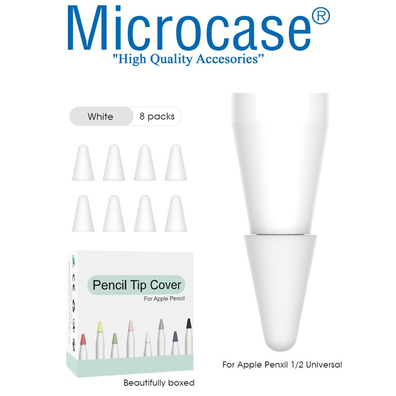 Microcase Apple Pencil 1 - 2 Stylus Kalem Ucu Koruyucu 8in1 Set - Beyaz