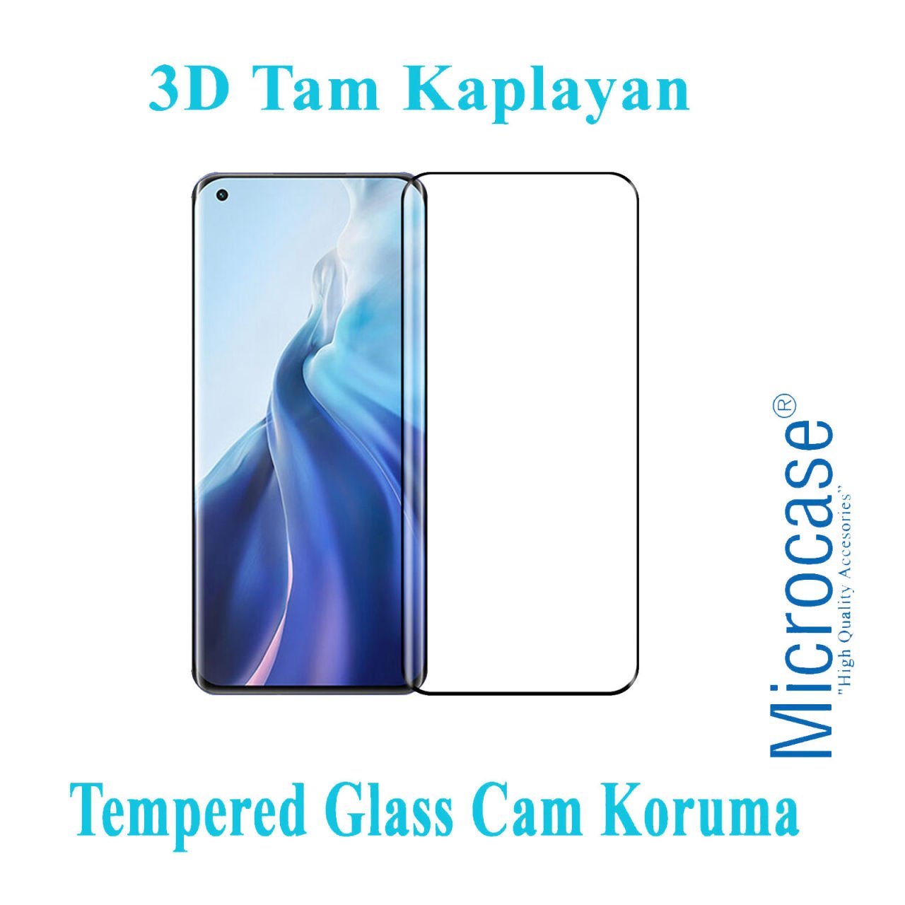 Microcase Xiaomi Mi 11 3D Curved Tam Kaplayan Tempered Glass Cam Koruma - Siyah