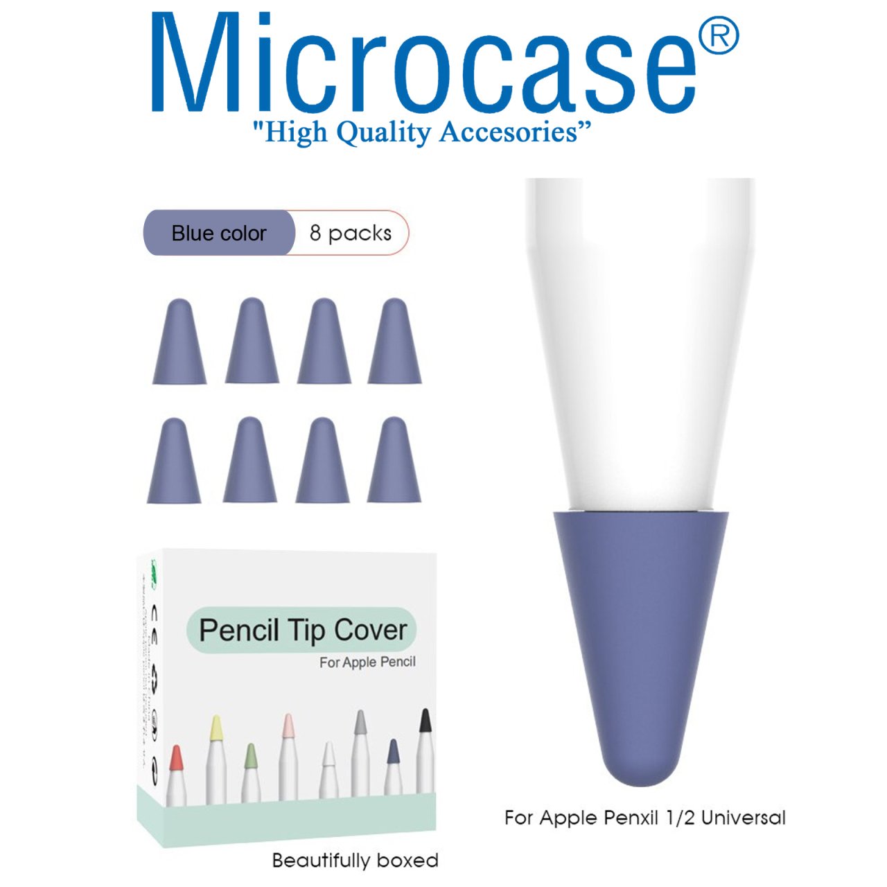 Microcase Apple Pencil 1 - 2 Stylus Kalem Ucu Koruyucu 8in1 Set - Mavi