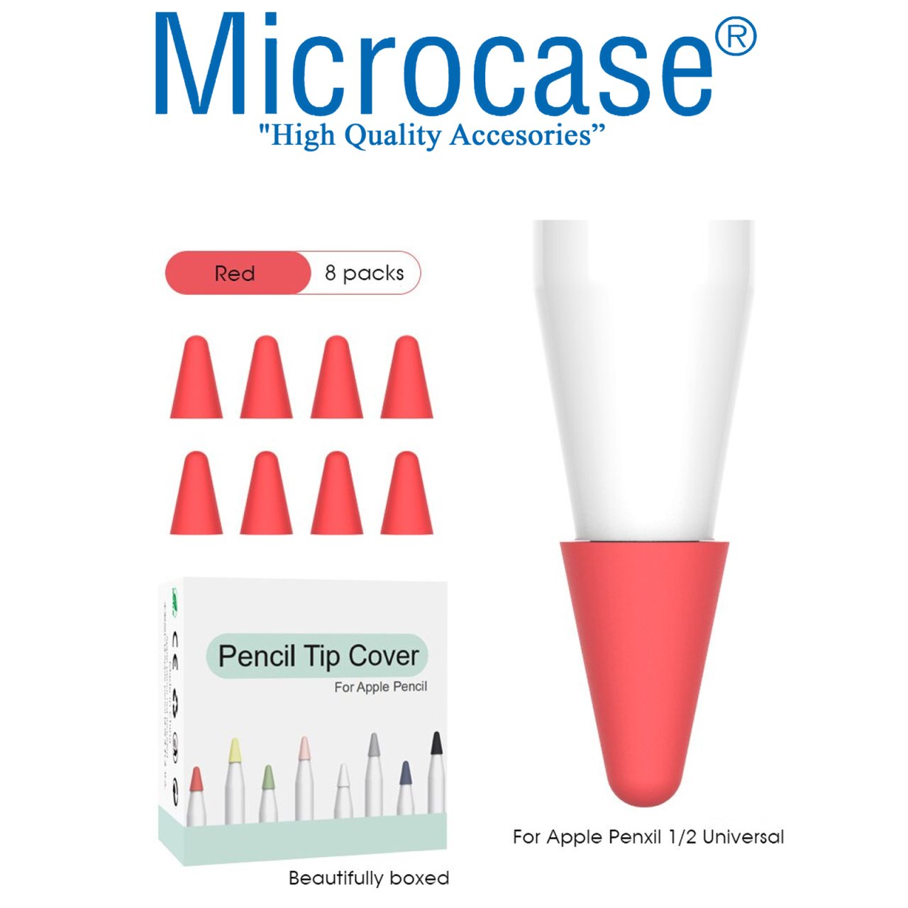 Microcase Apple Pencil 1 - 2 Stylus Kalem Ucu Koruyucu 8in1 Set - Kırmızı