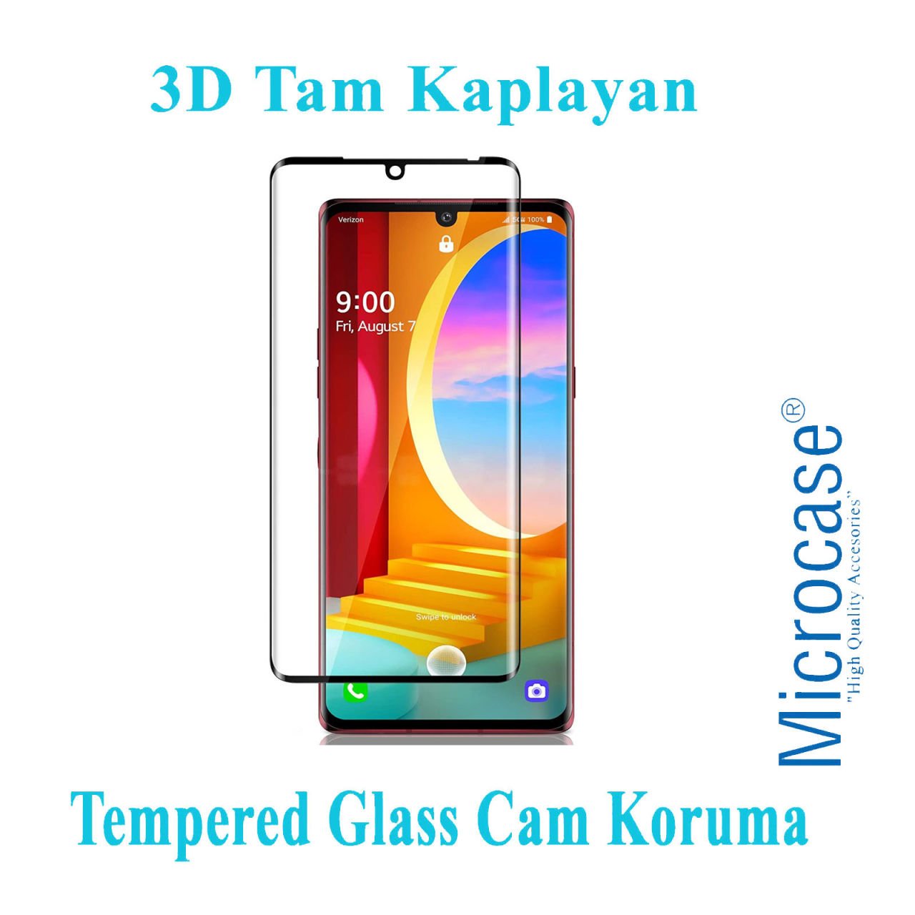Microcase LG Velvet 3D Curved Tam Kaplayan Tempered Glass Cam Koruma - Siyah