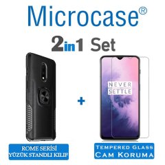 Microcase OnePlus 7 Rome Serisi Yüzük Standlı Armor Kılıf - Siyah + Tempered Glass Cam Koruma