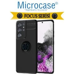 Microcase Samsung Galaxy S21 Ultra Focus Serisi Yüzük Standlı Silikon Kılıf - Siyah