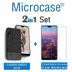 Microcase Huawei P20 Fabrik Serisi Kumaş ve Deri Desen Kılıf - Siyah + Tempered Glass Cam Koruma