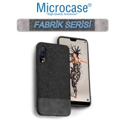 Microcase Huawei P20 Fabrik Serisi Kumaş ve Deri Desen Kılıf - Siyah + Tempered Glass Cam Koruma