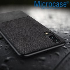 Microcase Huawei P20 Fabrik Serisi Kumaş ve Deri Desen Kılıf - Siyah + Tempered Glass Cam Koruma