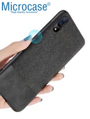 Microcase Huawei P20 Fabrik Serisi Kumaş ve Deri Desen Kılıf - Siyah + Tempered Glass Cam Koruma